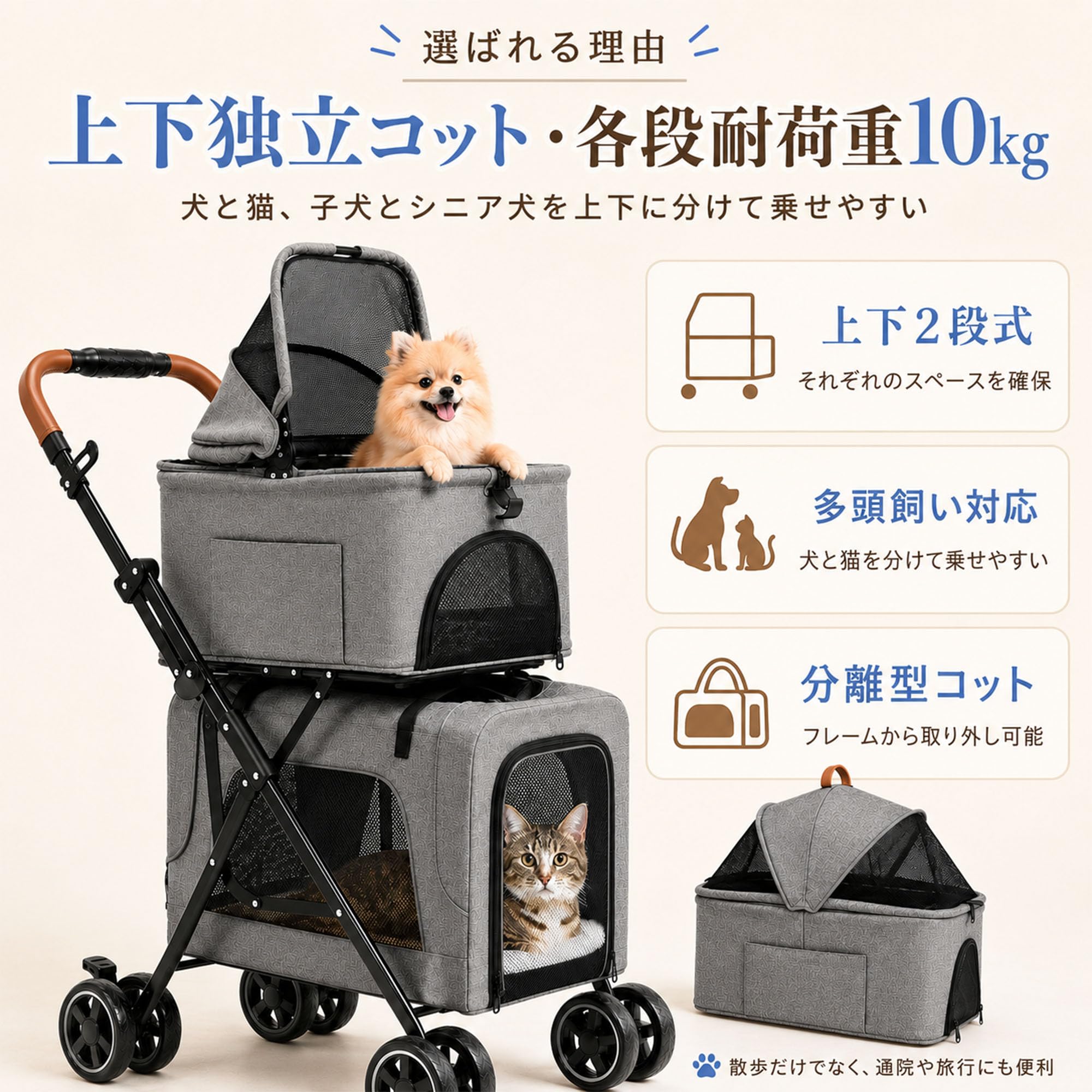 ペットカート❣️小型犬・中型犬・猫対応 多頭飼い対応 分離型 ワンタッチ折りたたみ Amazon.co.jp: ペットカート 2段式 分離型 多頭飼い対応 犬猫兼用
